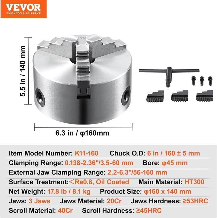 Image du produit Vevor Morsetto Autocentrante per Tornio K11-160