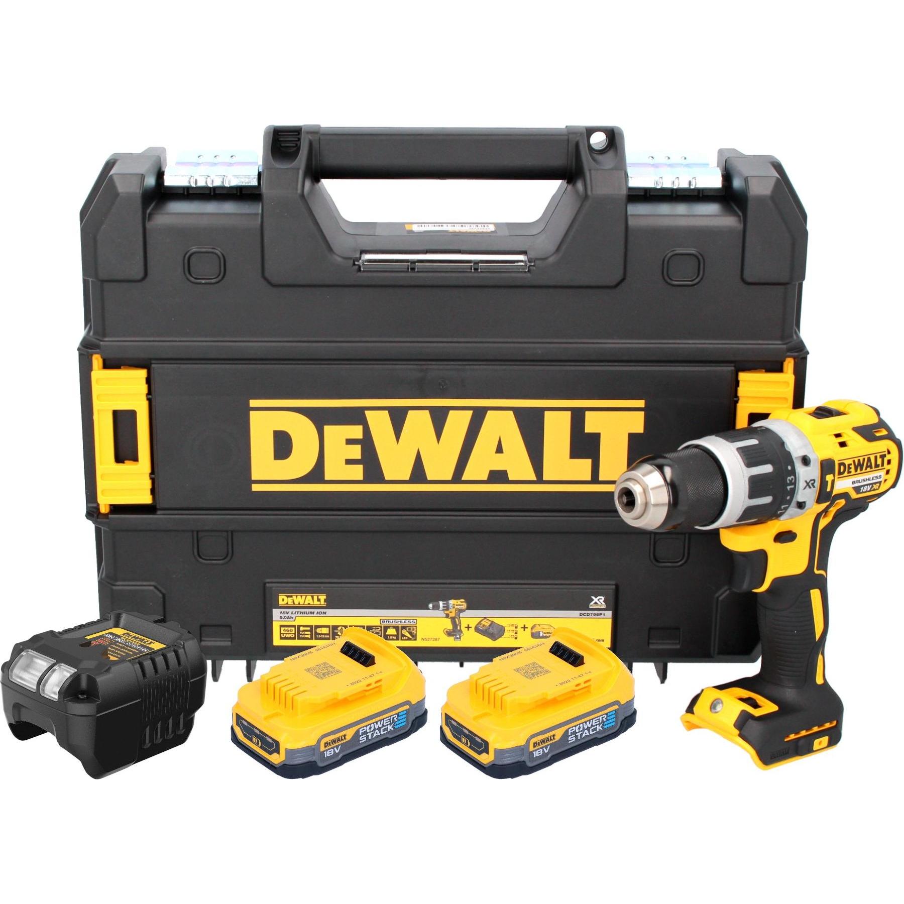 DeWalt, Bohrmaschine + Akkuschrauber, DCD 796 E2T Akku Schlagbohrschrauber 18 V 70 Nm Brushless + 2x Powerstack Akku 1,7...