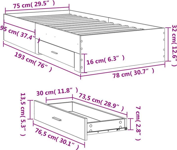 Image du produit VidaXL Cadre de lit avec tiroirs (75 x 190 cm)