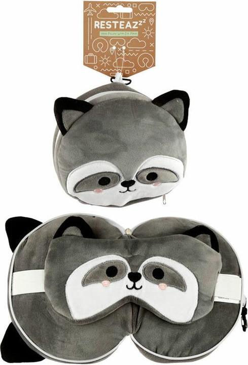 Immagine prodotto Puckator Relaxeazzz Cuscino da viaggio rotondo in peluche a forma di procione con maschera per gli occhi (Copertina del passaporto)
