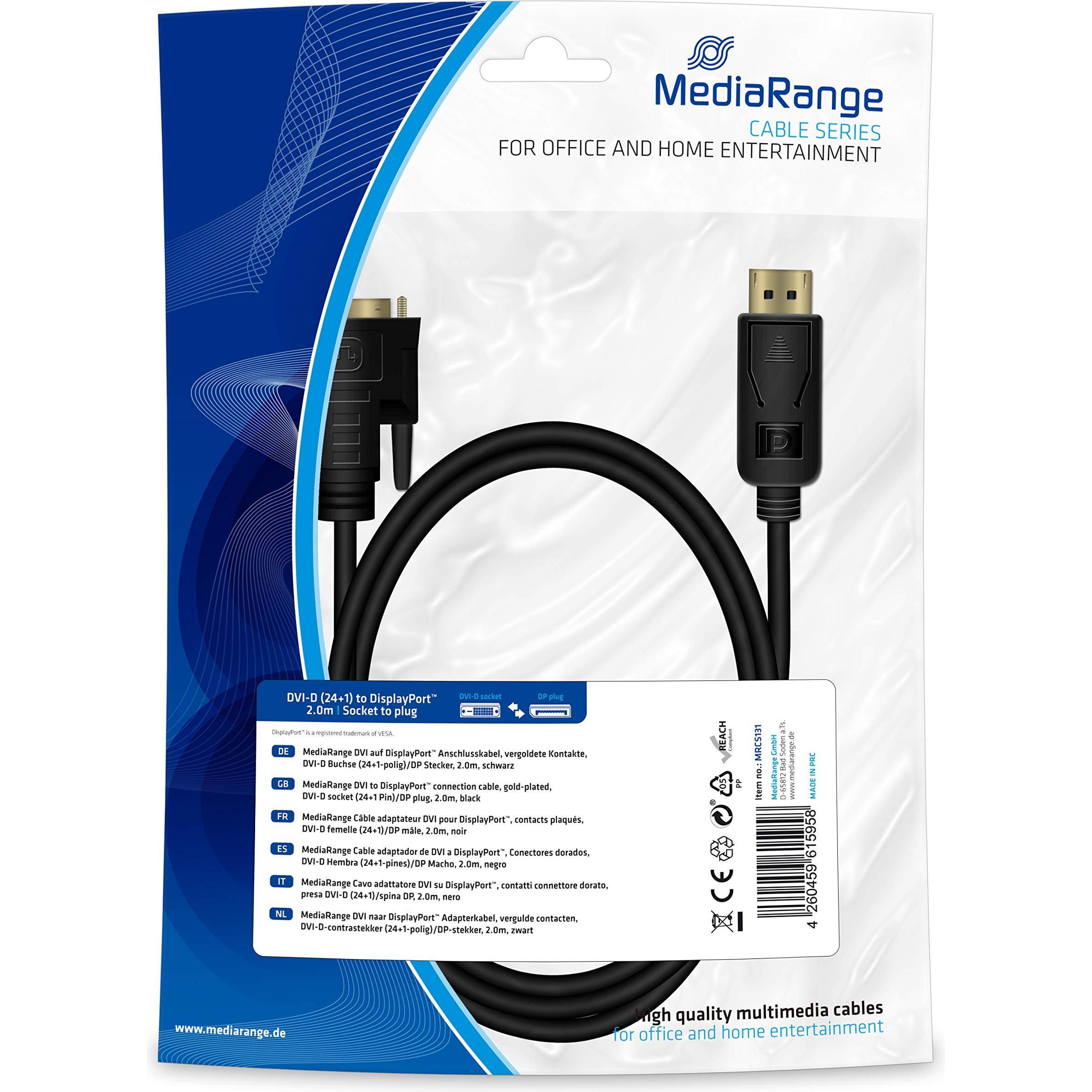 MediaRange DVI auf DisplayPort Anschlusskabel DVI-D BU 2m,sw (2 m, DisplayPort), Video Kabel