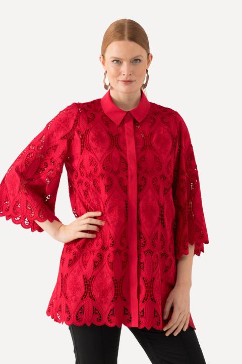 Image du produit Ulla Popken Chemisier en dentelle avec col chemise, silhouette en A, ourlet « festonné » et manches 3/4 (42, 44)
