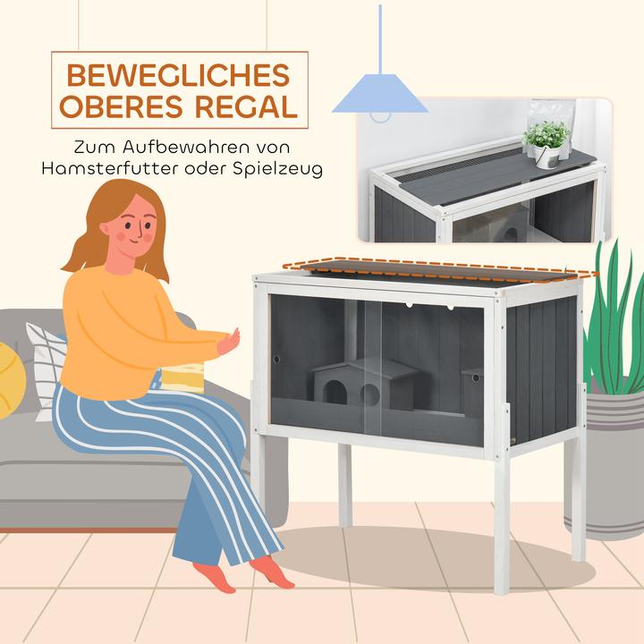 Produktbild PawHut Zwerghamster-Käfig Tannenholz, Metall Dunkelgrau