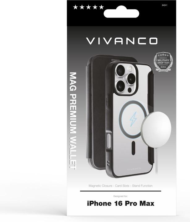 Actual product image Vivanco MAG PREMIUM Wallet for iPhone 16 Pro Max, black 2.0m Drop-Protection, MagSafe Support (Apple iPhone 16 Pro Max)