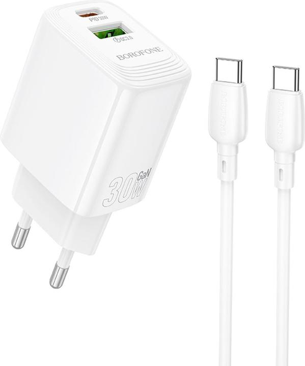 Borofone Caricabatterie da rete BN29 Fuente - USB + Tipo C - QC 3.0 PD 30W con cavo da Tipo C a Tipo C, (30 W)