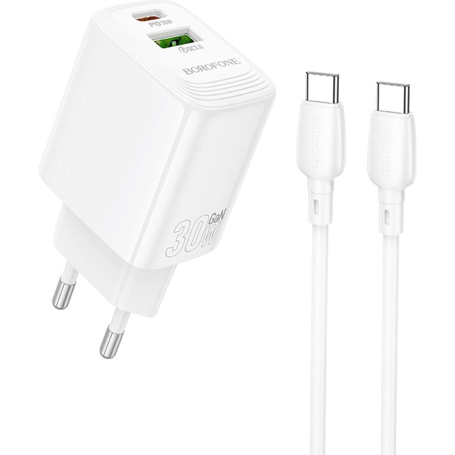 Borofone Caricabatterie da rete BN29 Fuente - USB + Tipo C - QC 3.0 PD 30W con cavo da Tipo C a Tipo C, (30 W, 2 porte), Caricatore USB, Bianco