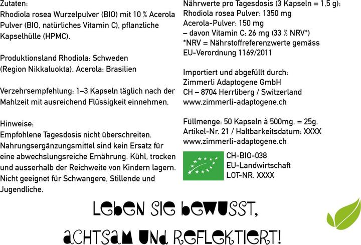 Image du produit Zimmerli Adaptogene Rhodiola en gélules (BIO) 50 gélules (1 pièce(s), Capsules, 25 g)