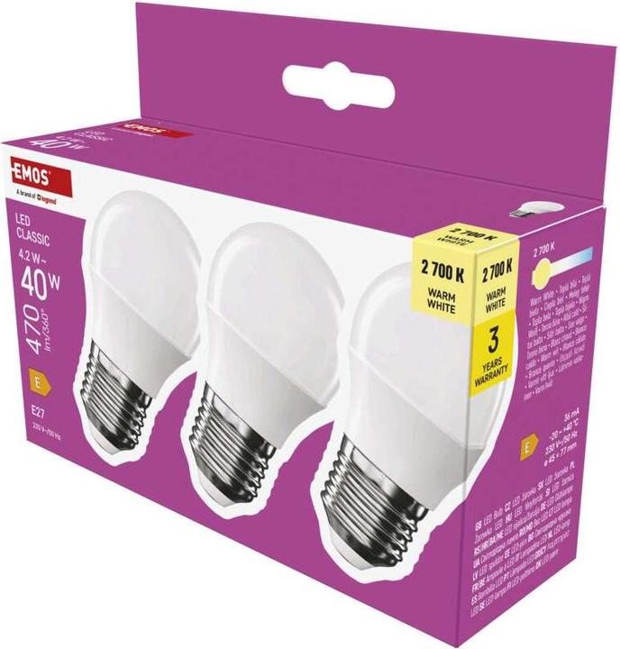Actual product image Emos LED lamp Classic Mini Globe / E27 / 4.2 W (40 W) / 470 lm / Warm white (E27, 4.20 W, 470 lm, 3 x, E)