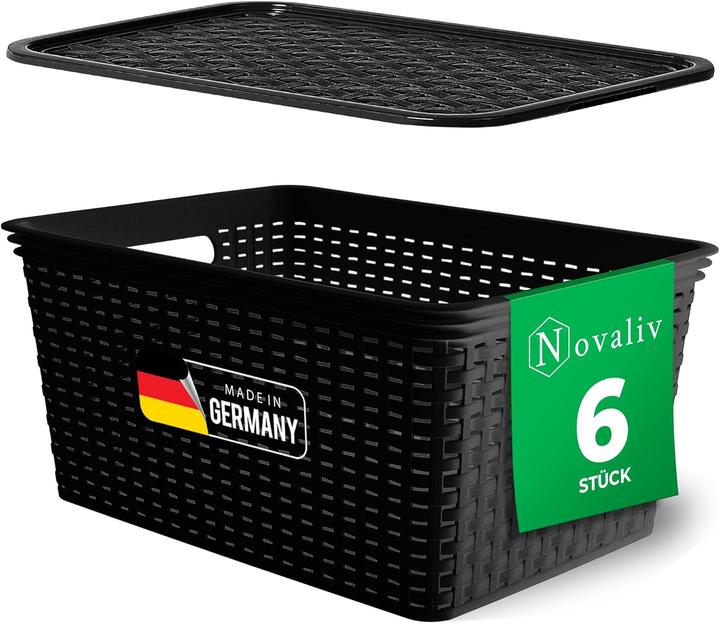 Produktbild Novaliv 6er Set Aufbewahrungsboxen mit Deckel Gross 14L Korb Schwarz in Rattan Design Lebensmittelech (28 cm, 14 l, 6x)