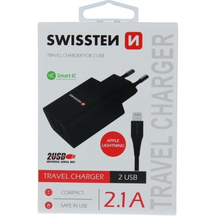 Swissten USB Ladegerät Smart IC mit 2x USB 2,1A Power + Datenkabel USB / Lightning 1,2 M (10.50 W), USB Ladegerät, Schwa...