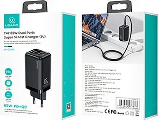Actual product image Usams Ład. siec. 1xUSB-C+1xUSB T47 65W PD Fast Charging Super Si czarny/black CC153TC01 (US-CC153) (65 W, 1 portion)