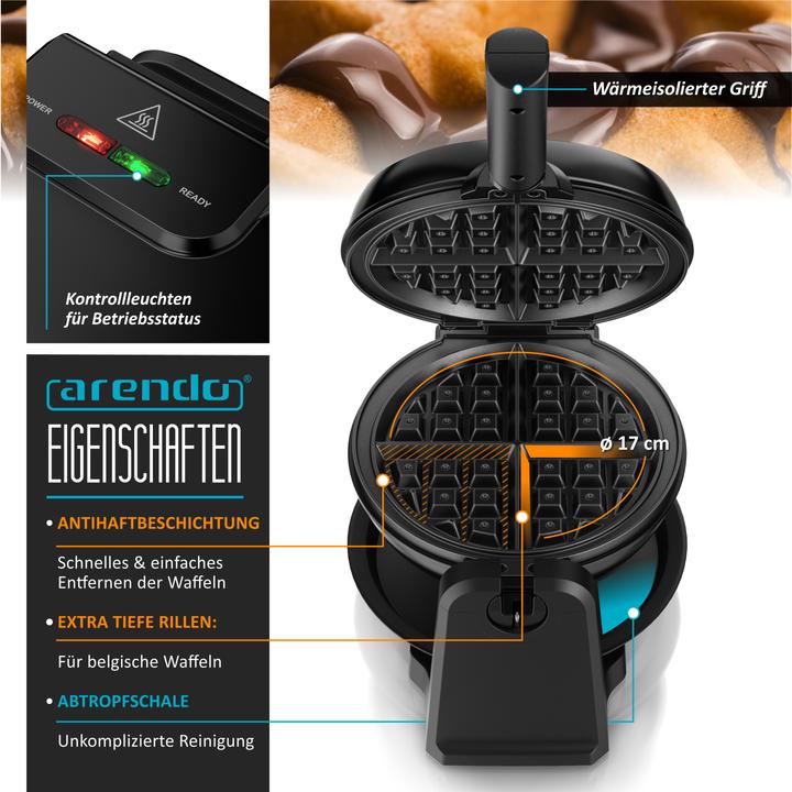 Produktbild Arendo Waffeleisen für Waffel mit 17cm Ø, automatische Bräunung, 1000 W, drehbar, Antihaftbeschichtet