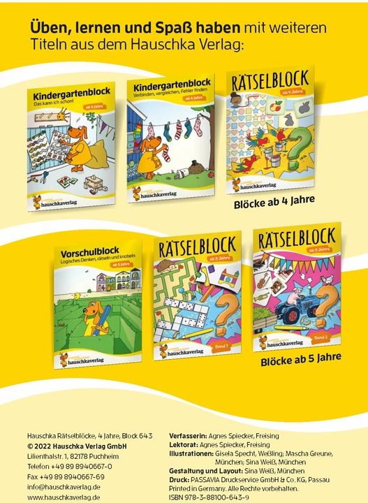 Produktbild Rätselblock ab 4 Jahre (Deutsch, Agnes Spiecker, Mascha Greune, Gisela Specht, Sina Weiss, 2022)