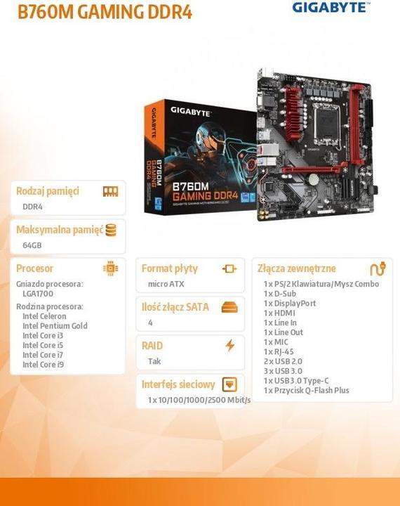 Produktbild Gigabyte B760M GAMING (LGA 1700, Intel B760 Express, mATX)