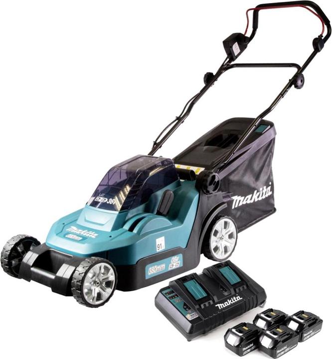 Produktbild Makita DLM 432 PT4 Akku Rasenmäher 36 V ( 2x 18 V ) 43 cm Brushless + 4x Akku 5,0 Ah + Doppel Ladege (Akkubetrieb)