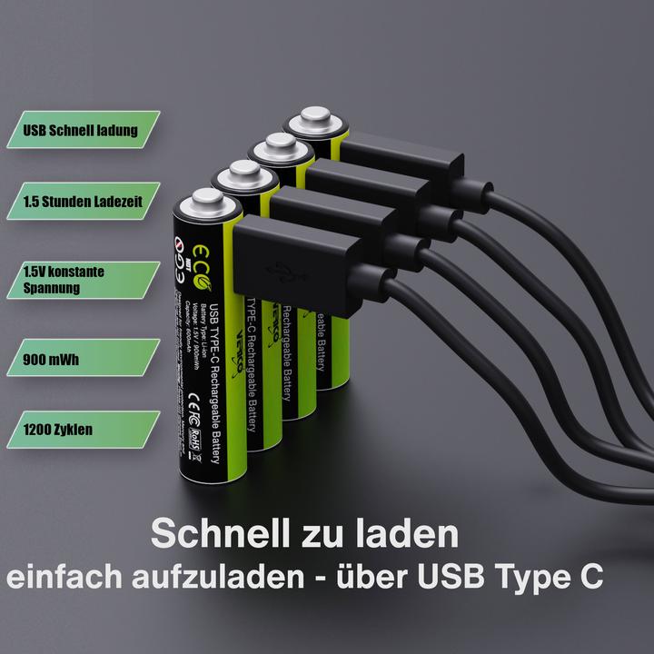 Image du produit Verico Batterie Li-Ion USB-C Micro AAA 1.5 V 900 mWh 600 mAh rechargeable par USB (4 pcs, AAA, 600 mAh)