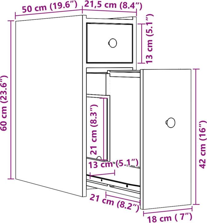 Image du produit vidaXL Armoire de salle de bain Étroite avec roulettes (21.5 x 50 x 60 cm)