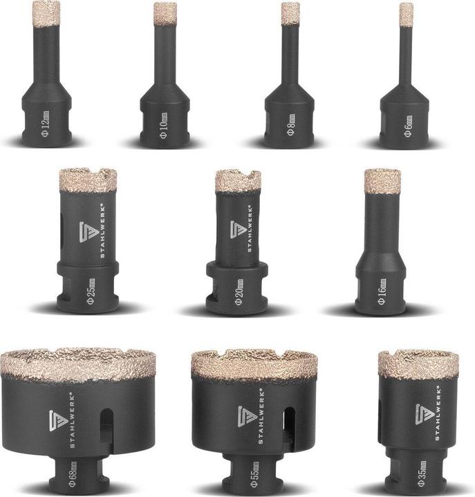 Actual product image Stahlwerk Diamond core bits set of 10 6-68 mm M14 for angle grinders (6, 8, 12, 16, 20, 25, 35, 55, 68 mm, 10 mm)