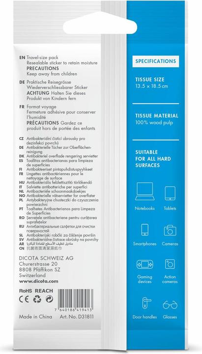 Produktbild Dicota ANTIBACTERIAL SURFACE - Cleaning Wipes Pack (15 x)