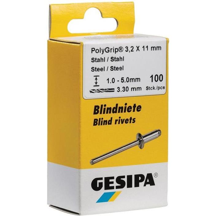 Gesipa, Nieten, Blindniete Stahl/Stahl 4x13 mm PolyGrip Mini-Pack mit 100 Stück