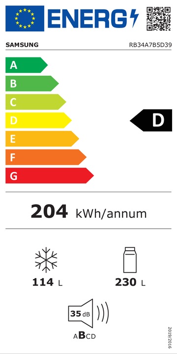 Etichetta energetica Samsung RB34A7B5D39 NoFrost (344 l)