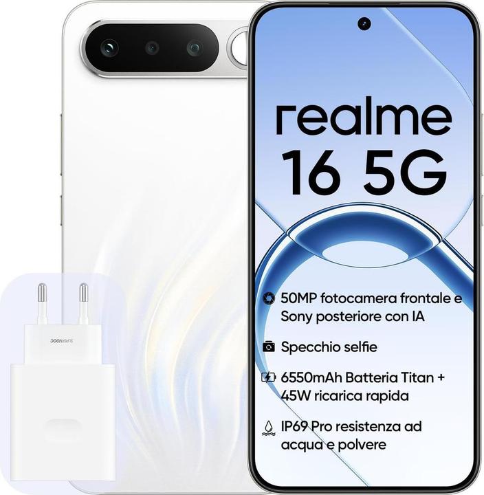 Actual product image realme 16 5G Dual Sim 8GB RAM 256GB - White (256 GB, Air White, White, 6.57", Dual SIM, 5G)