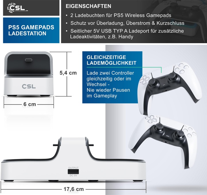 Image du produit CSL Station de charge pour manette PS5, Twin Charge, chargeur de manette de jeu, sans fil, câble de (PS5)