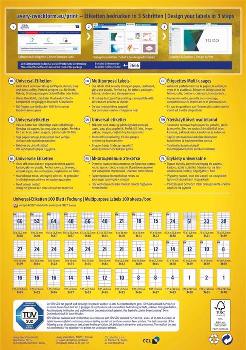 Valeurs nutritives et ingrédients Avery Étiquettes universelles