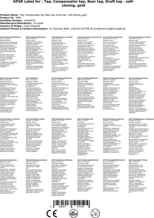 Image du produit Ich-zapfe Kompensatorhahn, Bierzapfhahn, Schankhahn - selbstschliessend, gold