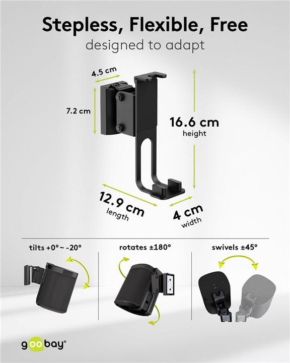 Actual product image Goobay One Sound Flex speaker wall mount, black (1 pcs., Wall installation, Tiltable, Pivoting, Rotatable)