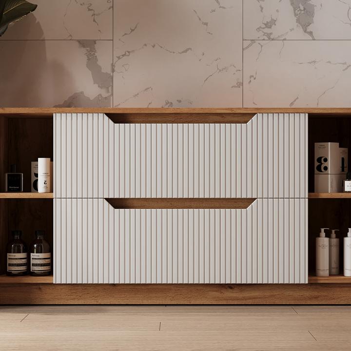 Actual product image Vicco Waschbeckenunterschrank Lotta, Eiche/weiss gestreift, 119.2 x 62.5 cm mit 2 Schubladen (119.20 x 32 x 62.50 cm)