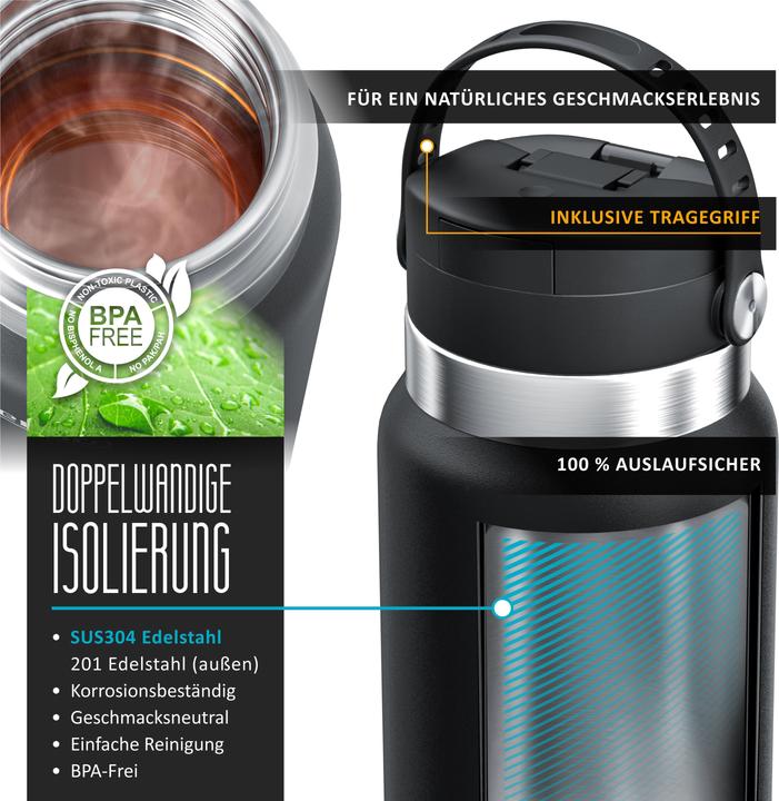 Produktbild Arendo Isolierflasche auslaufsichere Thermoflasche 1L, Edelstahl Trinkflasche 1000ml BPA-frei für Unterwegs (1 l)