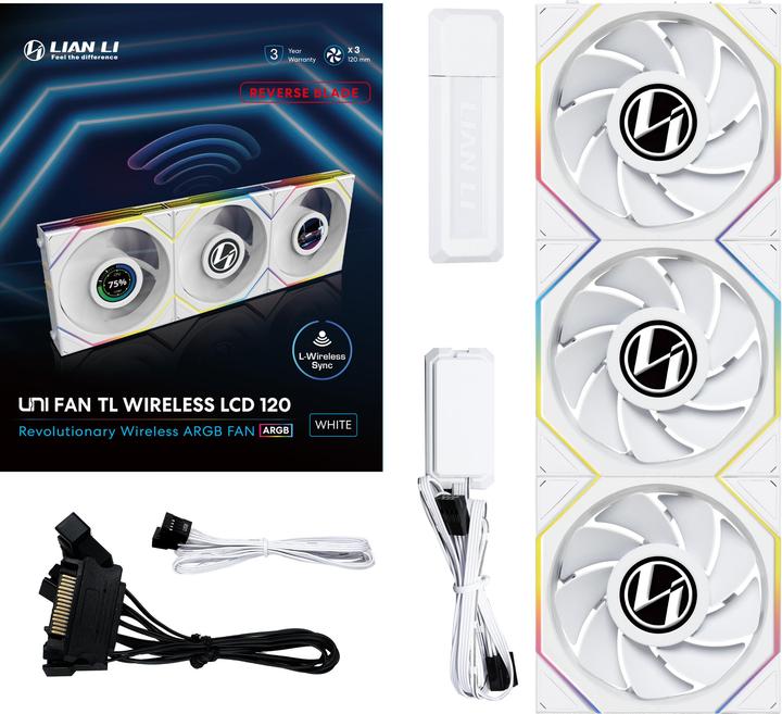 Productafbeelding Lian-Li UNI FAN TL Wireless LCD Lüfter, ARGB, PWM, 3er-Pack inkl. Controller - Reverse Blade, 120 mm (120 mm, 3 x)