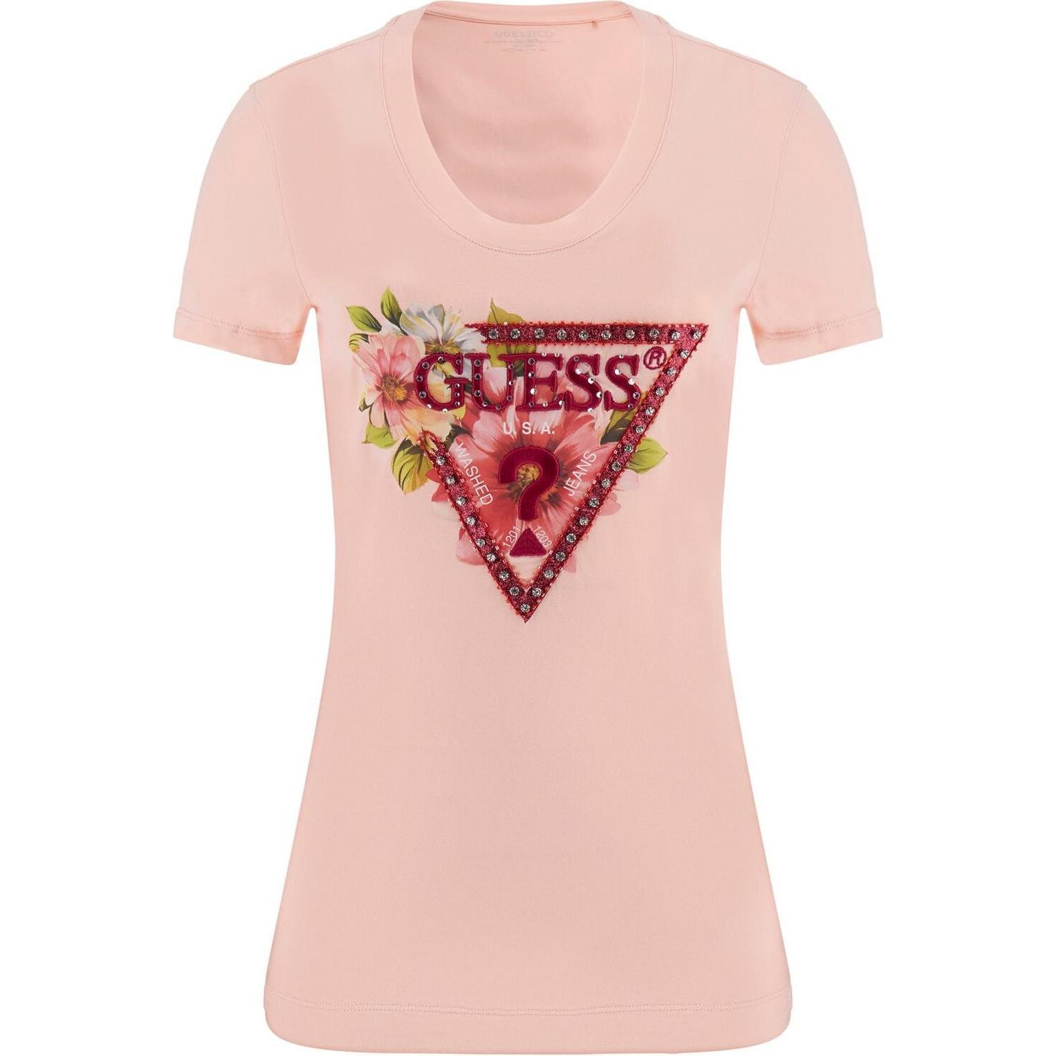 Guess, Damen, Shirt, Damen T-Shirt mit dreieckigen Perlen, Rosa, (M)