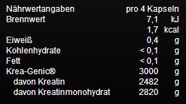 Nährwerte und Zutaten Weider Maximum Krea-Genic (240 Stk., Kapseln, 240 g)