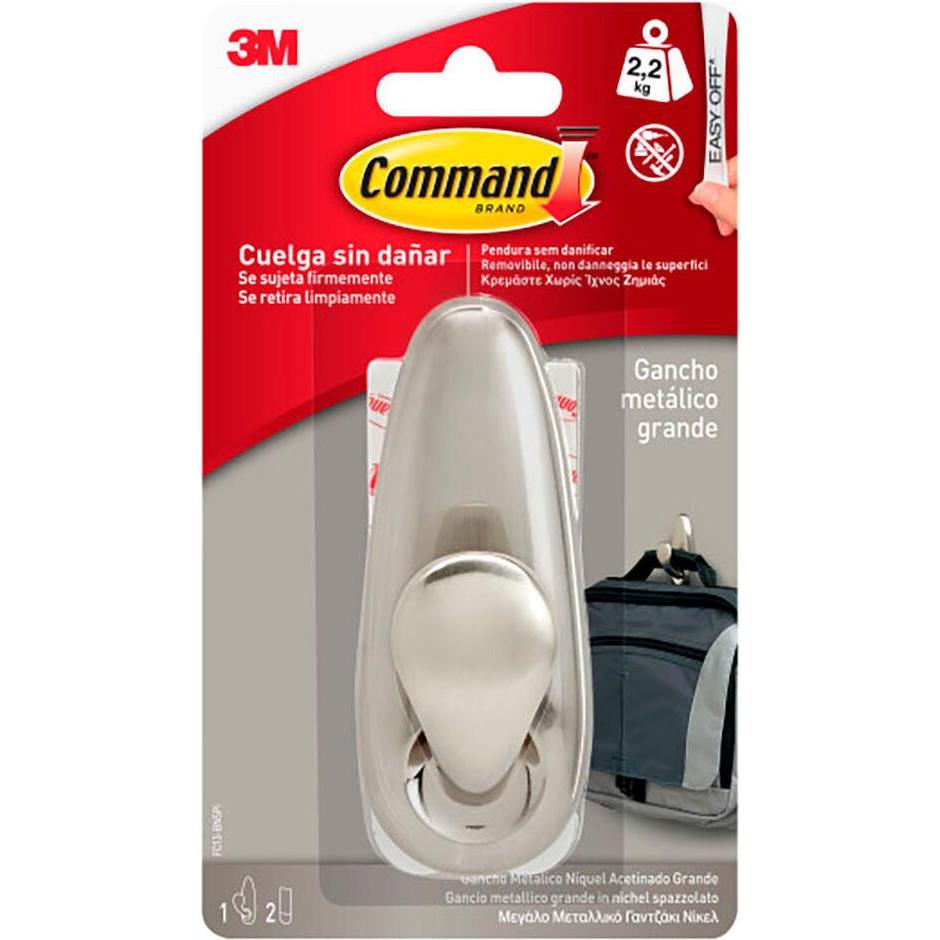 3M, Chiodo adesivo + Gancio adesivo, Command metal hook, large, polished nickel, 1 unit + 2 strips, max 2.2 kg