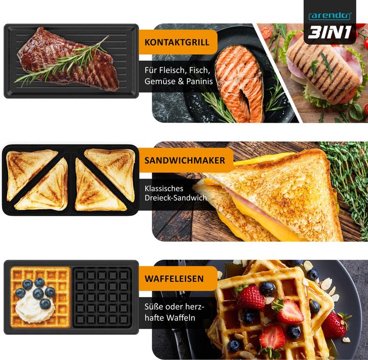 Produktbild Arendo Sandwichmaker 3in1 Sandwichtoaster, 900W, Antihaftbeschichtet, Temperaturregelung, Schnellaufheizung