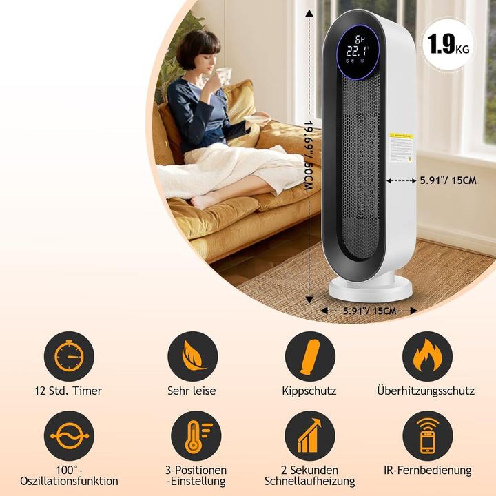 Actual product image Coocheer 2000W Ceramic Fan Heater with 3 Modes, Thermostat, 12-Hour Timer, and 100-Degree Oscillation