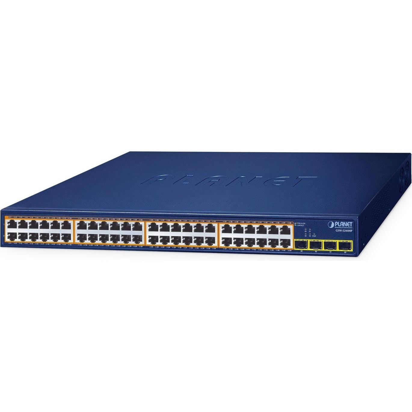 Planet 48-Port PoE + 4-Port SFP Switch GSW-5240HP (52 porte), Switch di rete, Blu