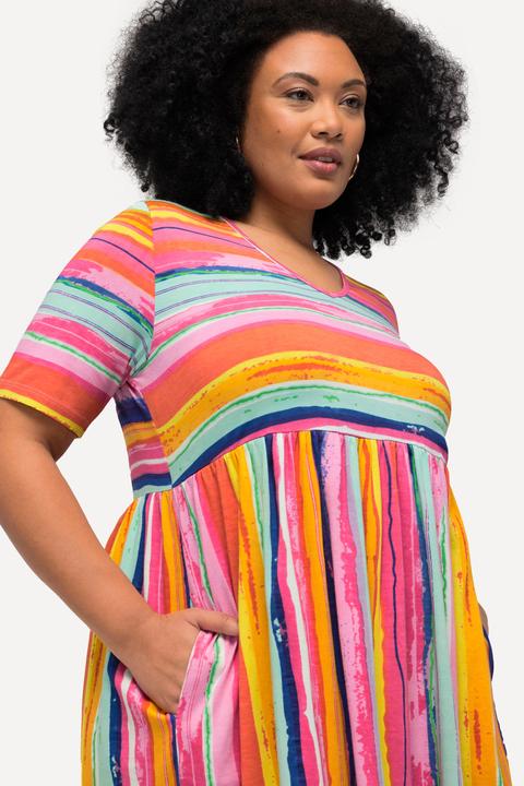 Produktbild Ulla Popken Jerseykleid, Streifenmix, A-Linie, V-Ausschnitt, Halbarm (60)