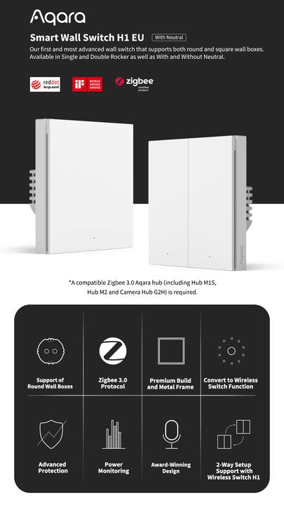 Image du produit Aqara Interrupteur mural intelligent H1 Blanc avec neutre, double rocker (Zigbee)