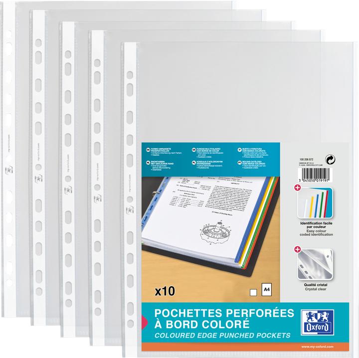 Produktbild Elba Prospekthülle, DIN A4 mit farbigem Rand, PP, weiss 0,09 mm, glasklar, oben offen, Eurolochung (A4, 10x)