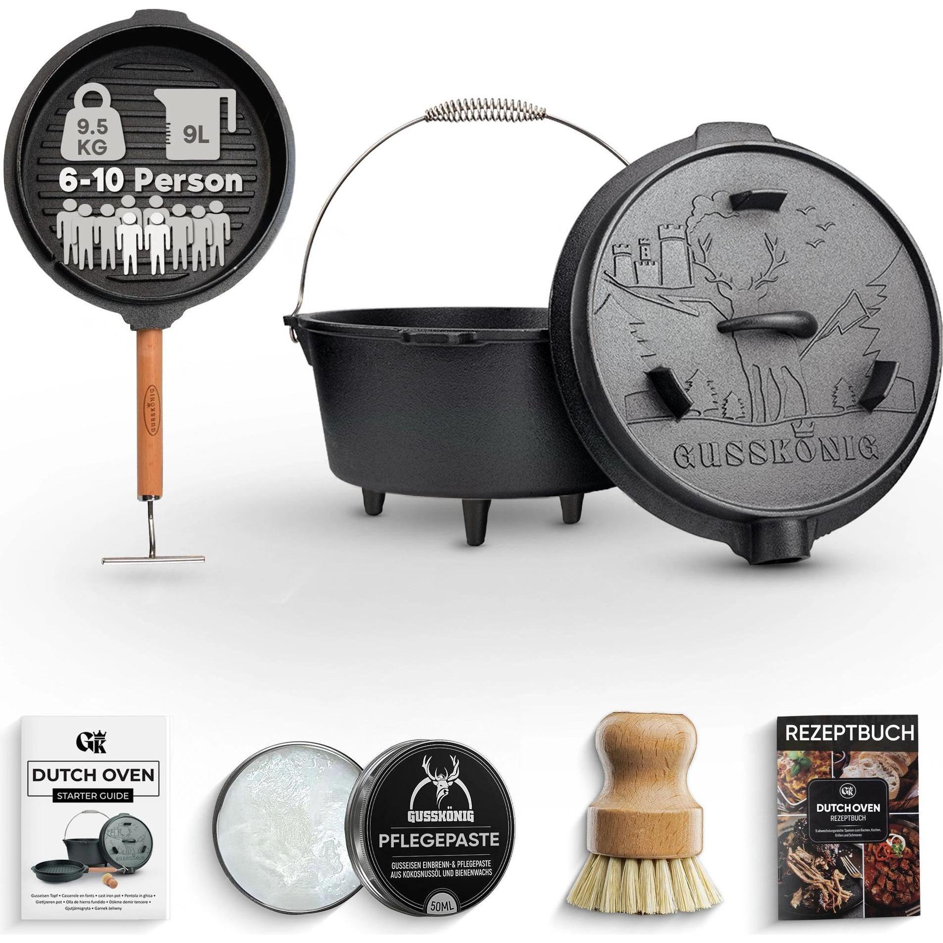 Gusskönig, Utensile per BBQ, Eingebrannter Dutch Oven Set 9L mit Füsse
