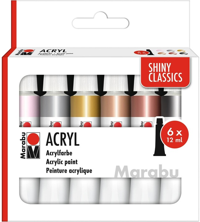 Produktbild Marabu Acrylfarbe Shiny Clas (Metallic-Gold, Metallic-Bronze, Metallic-Kupfer, Metallic-Schwarz, Metallic-silber, Metallic-Rosé, 72 ml)