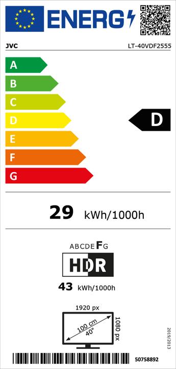 Energie-Label JVC Fernseher 40 Zoll Smart TV VIDAA Full HD HDR Fernseher mit Triple-Tuner, LED TV LT-40VDF2555 (40", LCD, LED, Full HD)