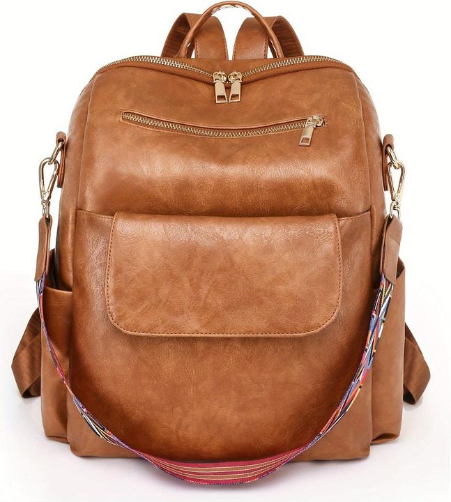 Only-Bags.Store Retro Solid Colour Backpack Purse, Geometric Wide Strap Shoulder Bag, Fashion PU Leather