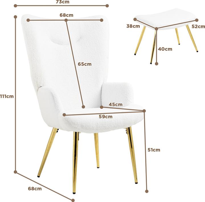 Produktbild Homcom Ohrensessel mit Hocker Polyester, Stahl Weiss