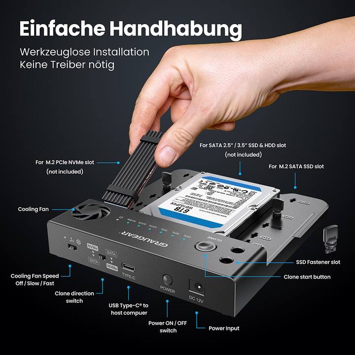 Produktbild Graugear Klonstation für M.2 NVMe/SATA SSDds & 2,5"/3,5" HDD