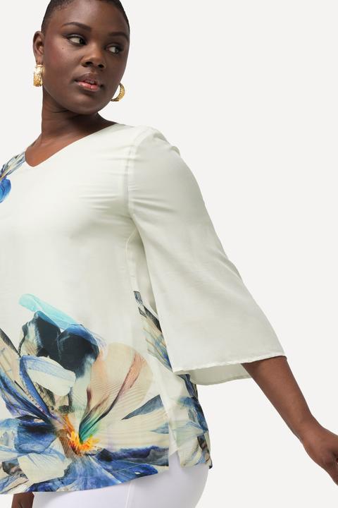 Produktbild Ulla Popken Bluse, Blüten, Oversized, V-Ausschnitt, 3/4-Glockenärmel (58)