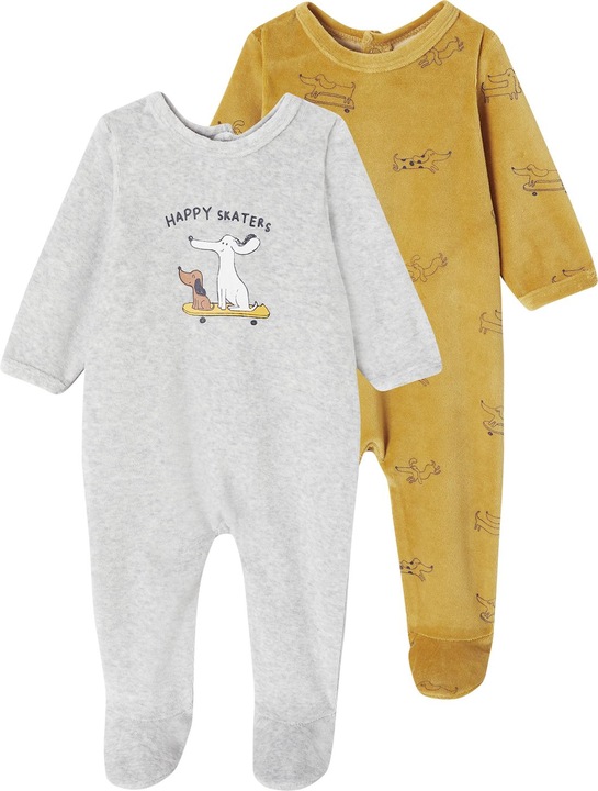 Vertbaudet 2er-Pack Baby Samt-Strampler mit Hunden Oeko-Tex